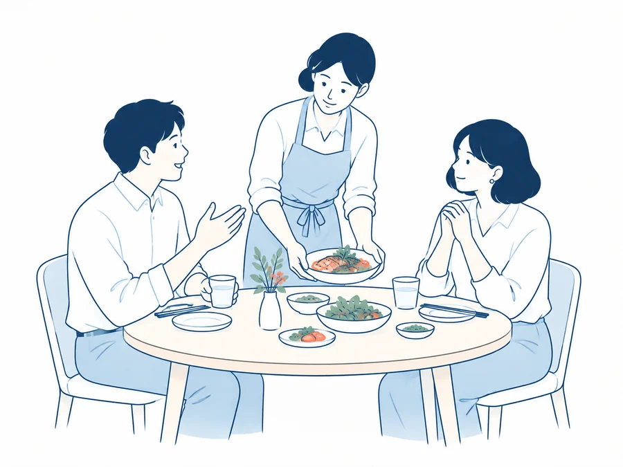 食卓を囲み、料理と会話を楽しむ